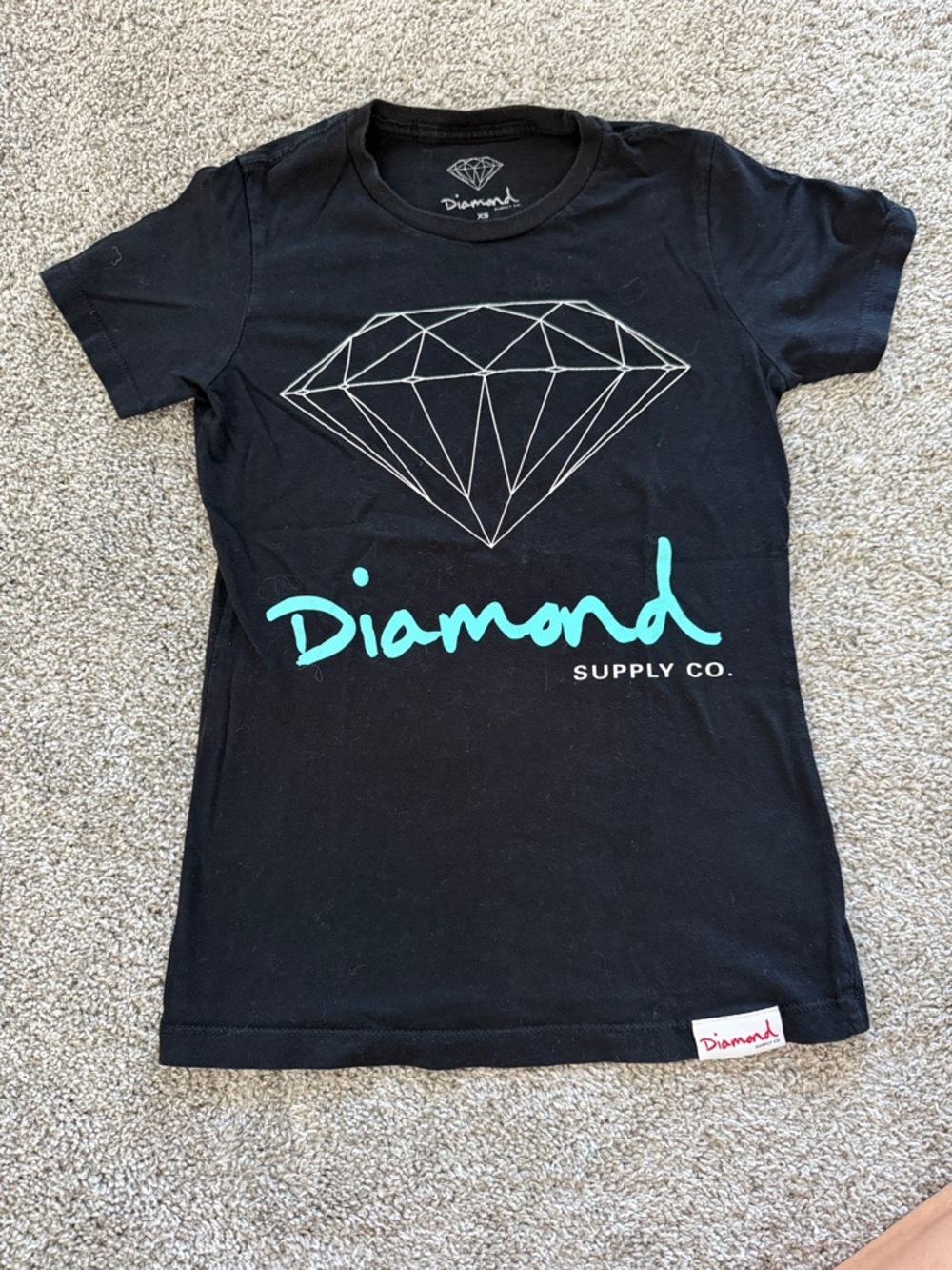 Diamond Supply Co. Black Tee with Teal Script Logo for Women